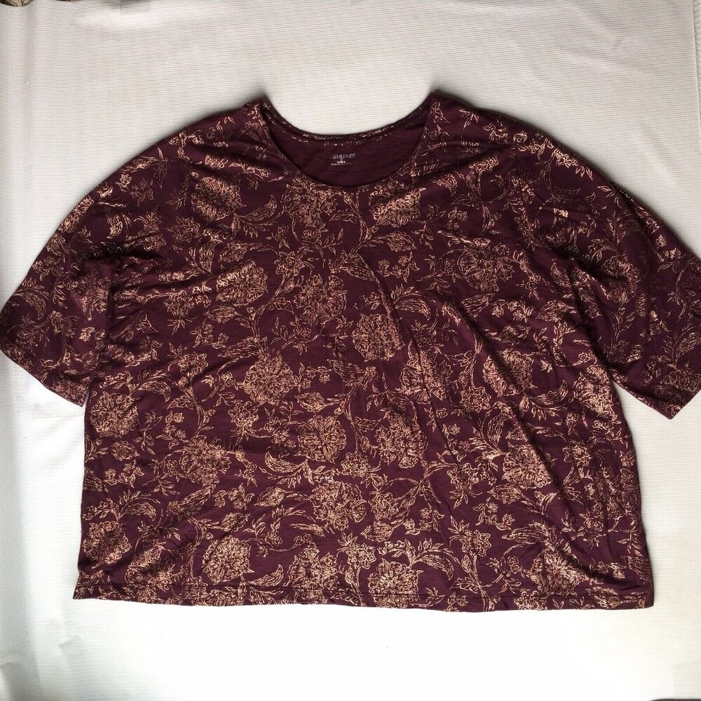 Catherines Shirt Womens 4X Top Blouse Burgundy Gold Accent Floral Flower 30/32